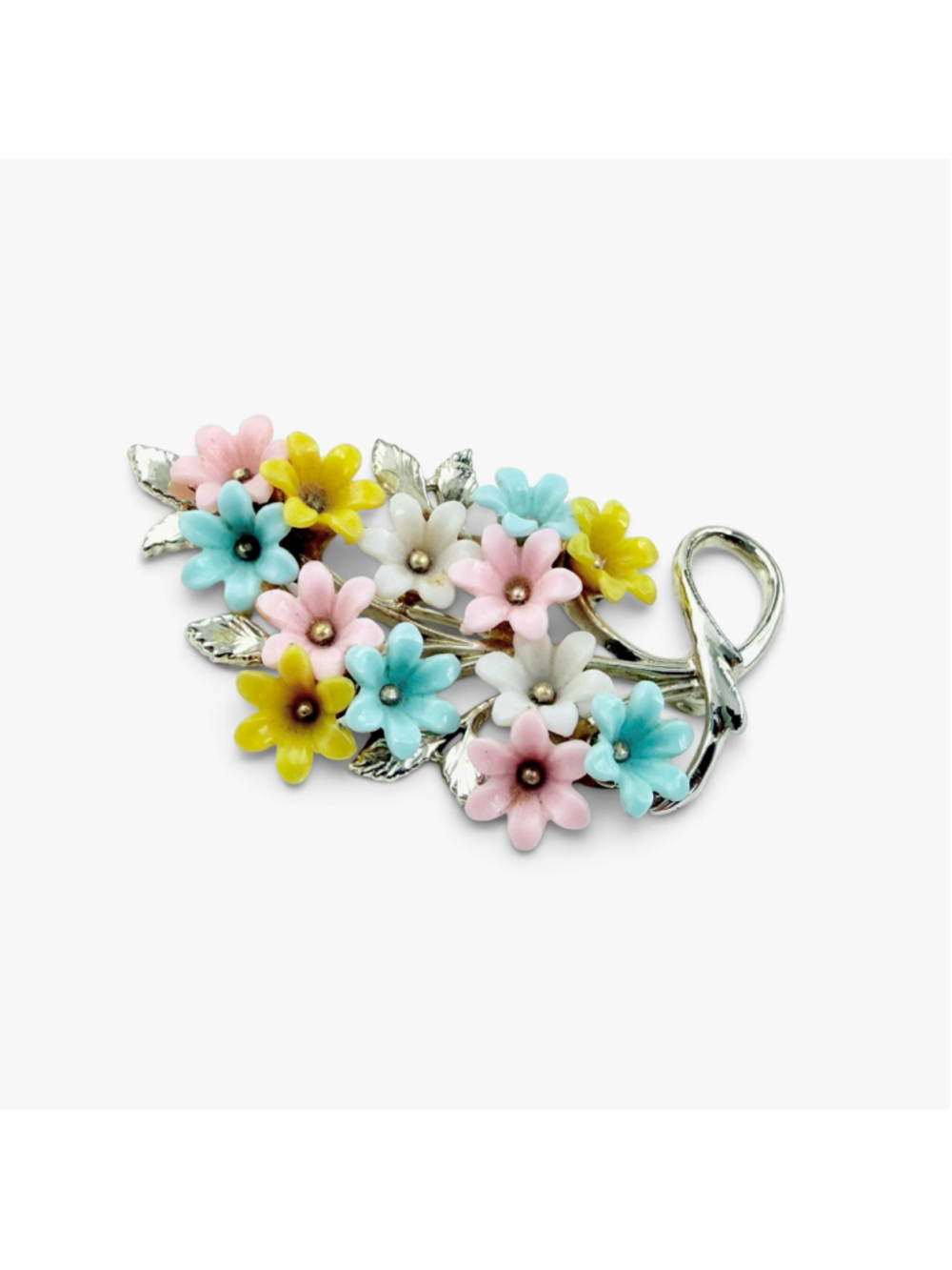 Vintage 1950s Plastic Flower Brooch, Multicolor Floral, Silver & Gold Tone